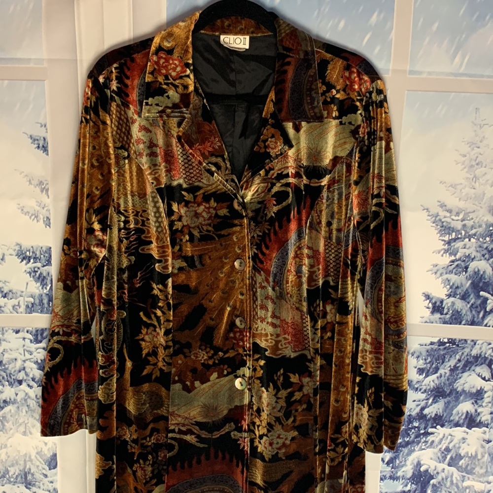 SOLD- Clio II Tapestry Peacock Floral Button Down Collar Velour Jacket Vintage - Picture 10 of 16